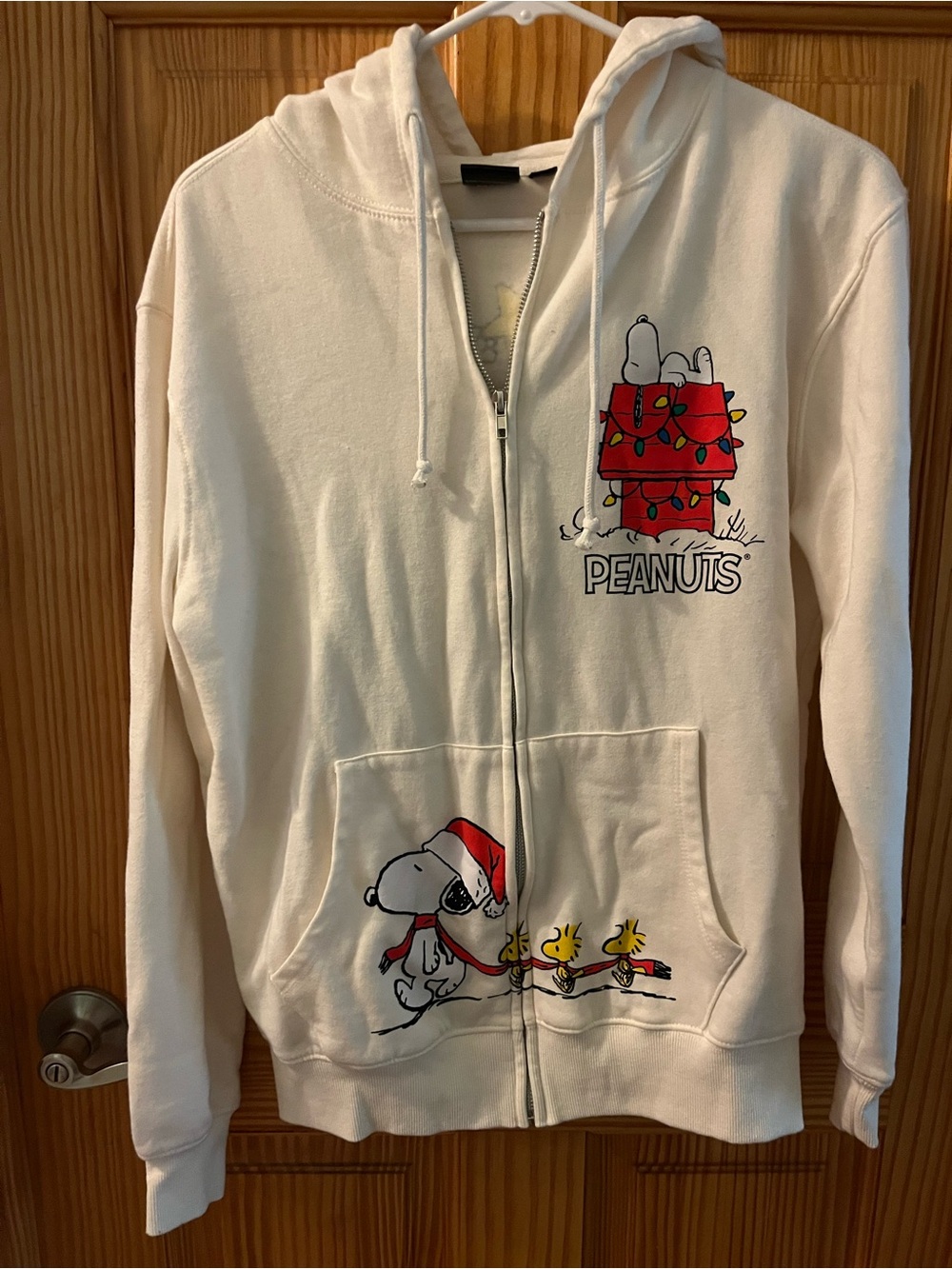 Peanuts White Zip Hoodie with Snoopy & Woodstock Holiday Print size s/m